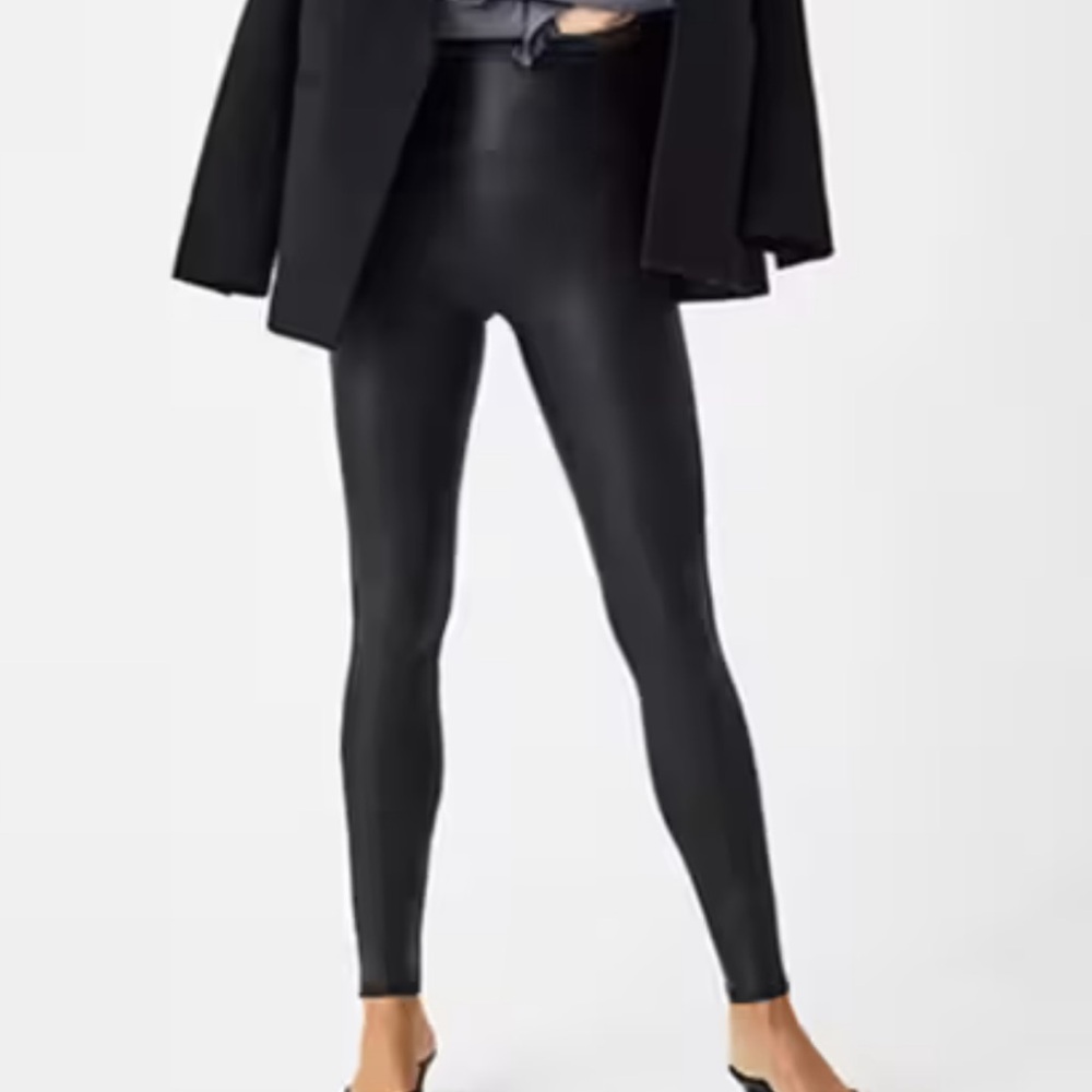New Spanx Faux Leather Leggings Women XS Petite Black New High Waist Compression